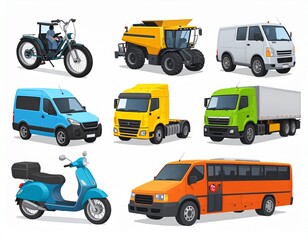 Naklejka premium Transportation 3d vector icon set. Bicycle, scooter, car, van, combine, truck, bus