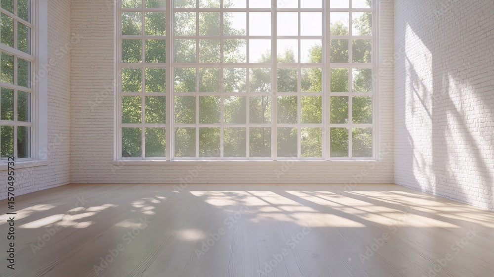 Aufkleber Sunlit empty room with large windows overlooking lush greenery.
