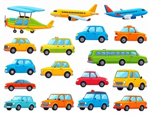Fototapeta premium Funny cartoon transportation, cars and airplanes set of vector icons