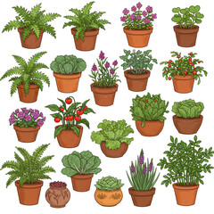 Illustration of Potted Plants Isolated Transparent Background Flowers Herbs