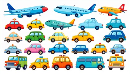 Funny cartoon transportation, cars and airplanes set of vector icons