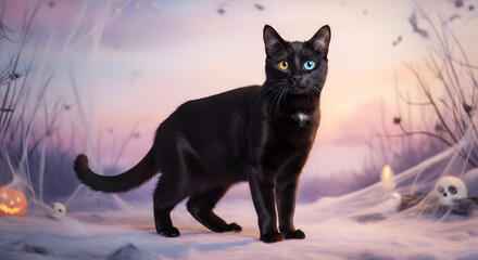 Black Cat with Heterochromia on Snowy Surface with Halloween Elements &ndash; Spooky Composition Featuring Glowing Pumpkin, Skull, Spider Web and White Background for Editorial, Branding and Seasonal 