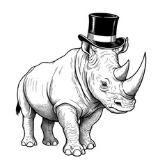 Fototapeta premium Illustration of Rhino with Top Hat Safari Wildlife Black Background