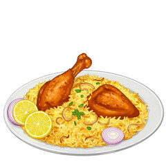 Illustration of Chicken Biryani Lemon and Onion Isolated Transparent BG