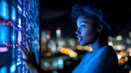 Woman interacting with a futuristic data screen in a cityscape at night - Powered by Adobe