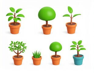 Fototapeta premium Plant shoot, potted houseplant, tree, grass, 3d vector cartoon icon set