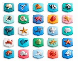 Set of 3D icons with sea creatures on a white background_