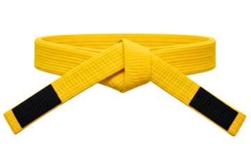 Yellow martial arts belt with black stripes tied in a knot isolated on a transparent background