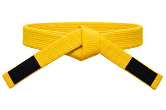 Yellow martial arts belt with black stripes tied in a knot isolated on a transparent background - Powered by Adobe