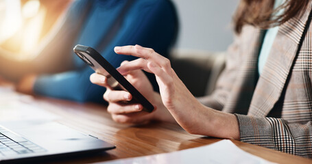 Hands, mobile and business woman in office for social media, chat feedback or campaign proposal....