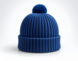 knitted hat isolated on white background.hat with dark blue pompon .