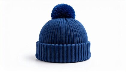 knitted hat isolated on white background.hat with dark blue pompon .