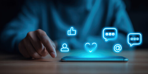 Social media and digital online concept, woman using smart phone. The concept of living on vacation and playing social media. Social Distancing ,Working From Home concept.