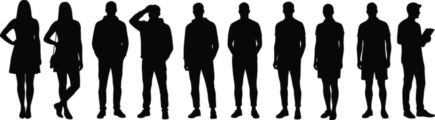 Silhouette group of men and women, casual standing pose, black isolated human figures, character vector design, people posture illustration