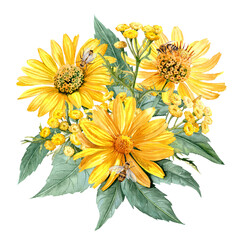 Heliopsis and Tansy bouquet with bees on it