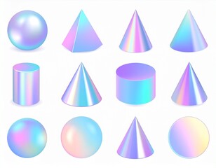 geometric shapes and a geometric holographic 3D vector icon set._ball,liquid,cone,