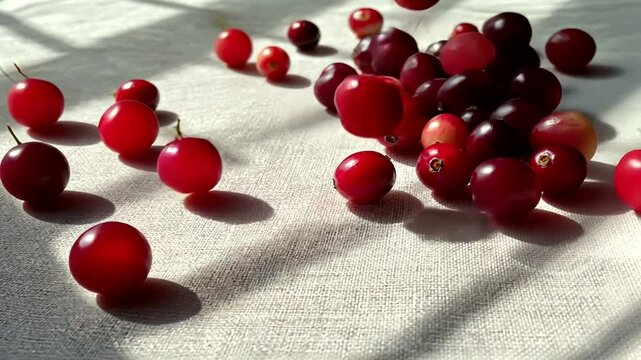 Fresh red cranberries scattered on a light fabric surface with shadows creating patterns