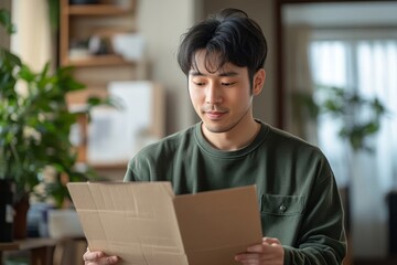 Asian moving service worker reviewing a list of items to pack before relocating to a new apartment, Generative AI