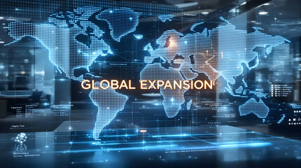 Digital display with text "global expansion" overlaying a futuristic world map in an office setting, used for business