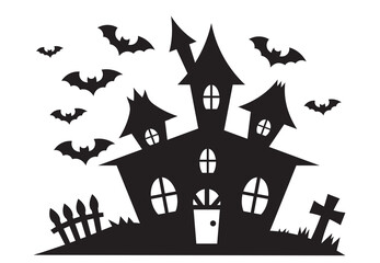Halloween haunted house silhouette with bats and graveyard, spooky scary castle for Halloween decoration, party invitation, poster, greeting card, black png design