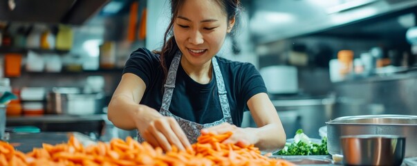 Asian housewife slicing carrots in preparation for a healthy dinner salad in the kitchen, Generative AI