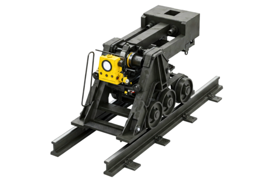 Industrial crane hoist trolley mechanism on metal tracks isolated on a transparent background