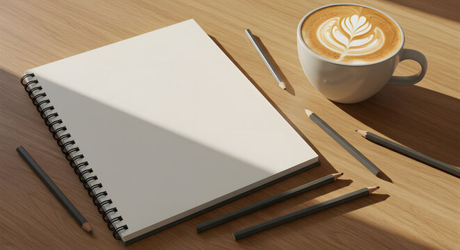 Empty Spiral Notebook with Coffee Cup and Colored Pencils on Wooden Table