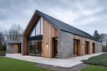Obraz premium Modern barn house under cloudy sky smooth ambient illumination with soft shadows on stone walls accurate reflection in