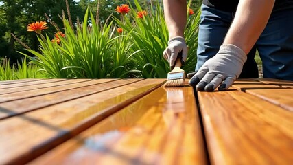 A skilled worker is refinishing a spacious cedar deck on a large home with fresh stain under the gentle spring sunlight, with green grass and flowers.