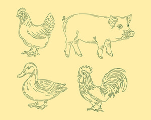 Livestock pig hen and duck outline clip art animal vector illustration element isolated editable