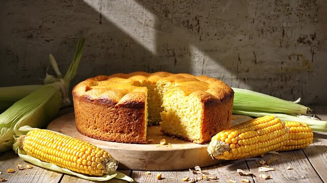 Freshly baked cornbread on a wooden board surrounded by corn cobs in a rustic kitchen