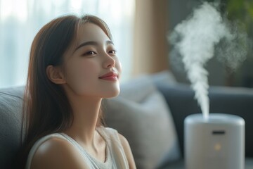 Air humidifier device concept: Woman relaxing at home during work hours, enjoying the benefits of air hydration, Generative AI