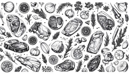 Hand drawn illustration of various food items
