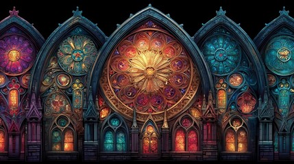 Obraz premium Stunning Gothic-style stained-glass windows with intricate designs, vibrant colors, and ornate stonework, featuring a central rose-window with sunburst pattern.