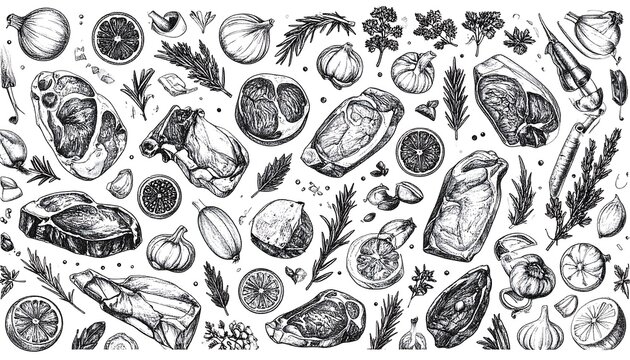 Hand drawn illustration of various food items