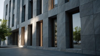 Monolithic duplex with smooth grey stone narrow vertical windows rim-lit from sunset angle with strong foreground shadows warm