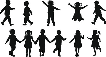 Silhouette of children playing, walking, jumping, holding hands, running in motion, joyful kids activity, black figure illustration, happy childhood moments