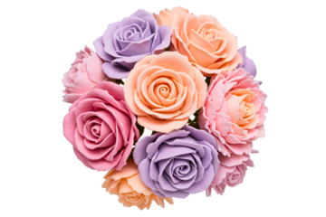 Bouquet of artificial foam roses in pink, purple, and peach isolated on a transparent background