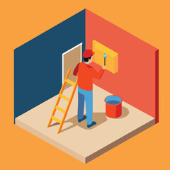 Isometric Illustration Of A Worker Painting An Interior Wall