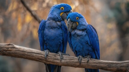Obraz premium Close view of a pair of Blue Hyacinth Macaws sitting on the same branch, heads leaning together affectionately, jungle backdrop with natural lighting and warm animal bonding