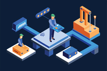 Obraz premium Isometric Smart Factory Automation System With Engineers Working