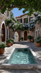 Naklejka premium Serene courtyard featuring tranquil pool surrounded by stone walls, lush greenery, and blooming flowers, creating peaceful retreat
