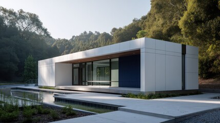 Navy white minimalist art deco structure with flat roofline natural sunlight creating high contrast shadows luminous reflections in