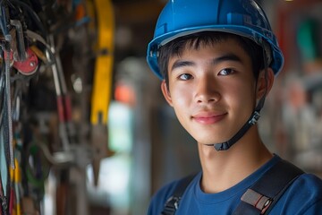 Repairman mechanic: Asian young handyman holding tools, wearing a blue safety helmet, ready to assist with repairs, Generative AI
