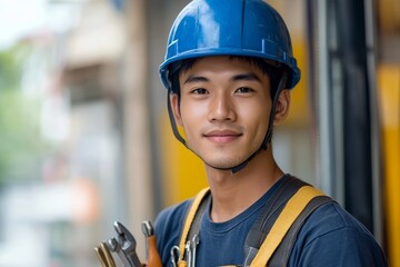 Repairman mechanic: Asian young handyman holding tools, wearing a blue safety helmet, ready to assist with repairs, Generative AI