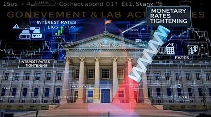 Governmental building with market chart overlay, red arrow down, illustrating interest rates tightening