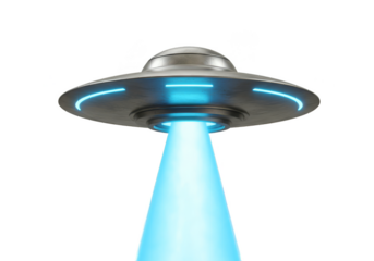 Isolated 3D Rendering of Silver Ufo Flying Saucer Emitting Beam Light