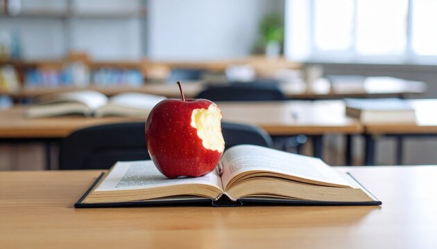 Red Apple On Open Book In Classroom