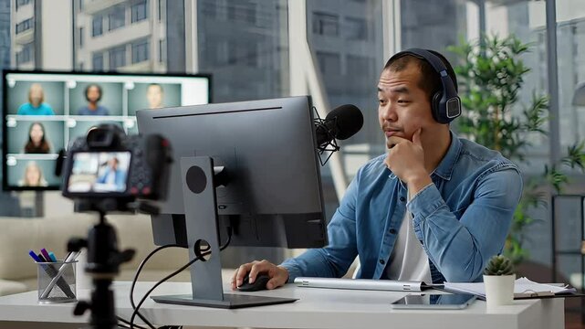 Man in denim shirt with headphones speaks into microphone in front of computer and camera setup