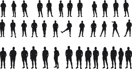 Silhouette people collection standing posing casual, black shadow human figures vector, male female group isolated white background design illustration